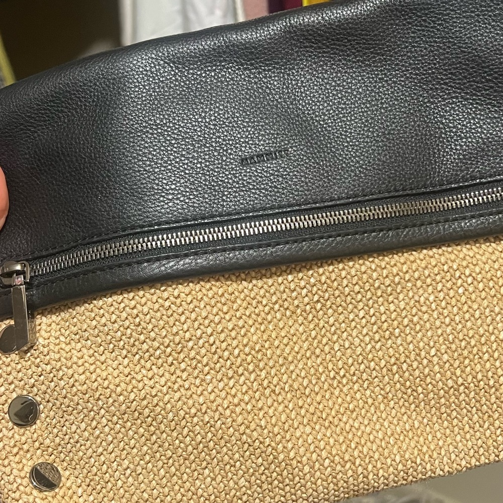 Hammitt VIP Lrg chaparral raffia black leather woven clutch